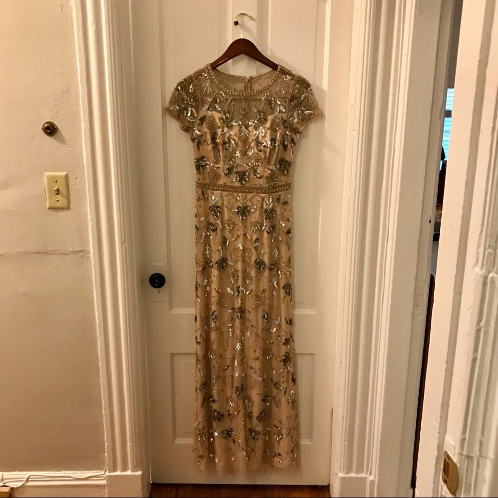 Adrianna Papell Gold Sequin and Beaded Gown